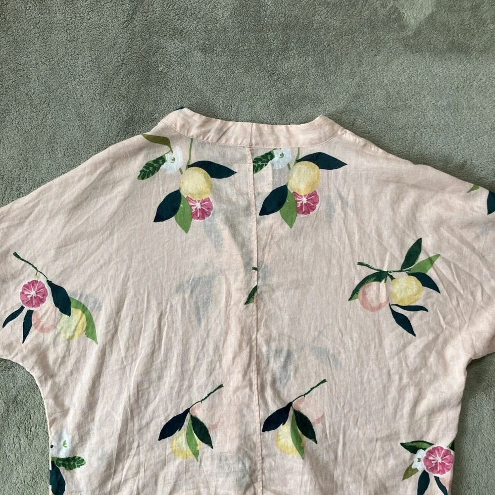 Rails Top Womens Large Pink Floral Lemon Linen Blend Tie Up Beachy Coastal‎